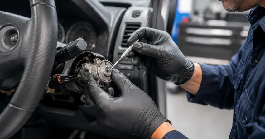 technician diagnosing an ignition lock repair issue in Cobban, Milton