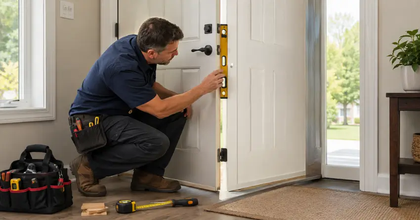 technician diagnosing a misaligned door frame in Dempsey, Milton