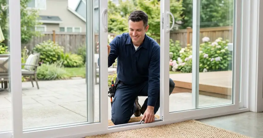 technician diagnosing a sticking patio door in Milton