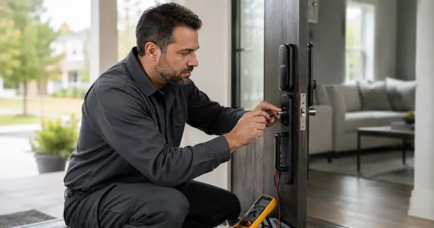 technician diagnosing automatic door lock mechanism on residential door in Boyne, Milton
