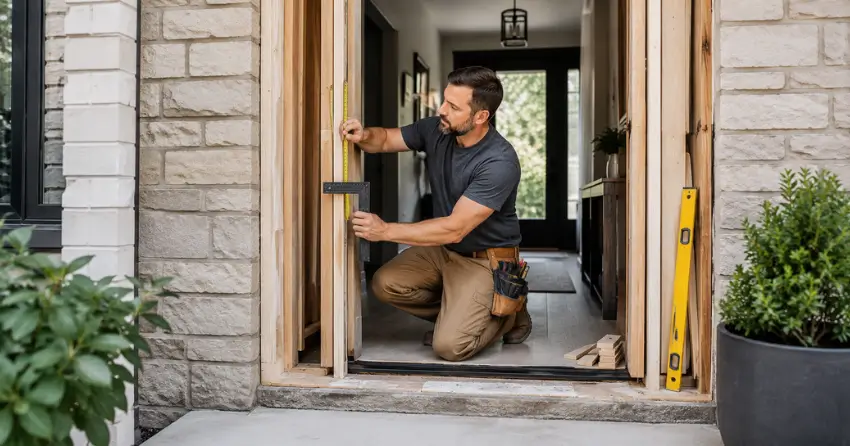 exterior door installer assessing rough opening in Forest Grove, Milton