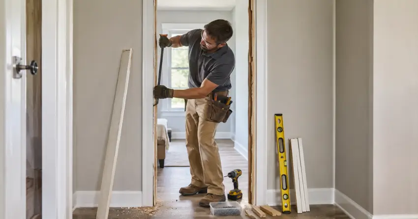 technician removing an old interior door frame during installation Ash, Milton