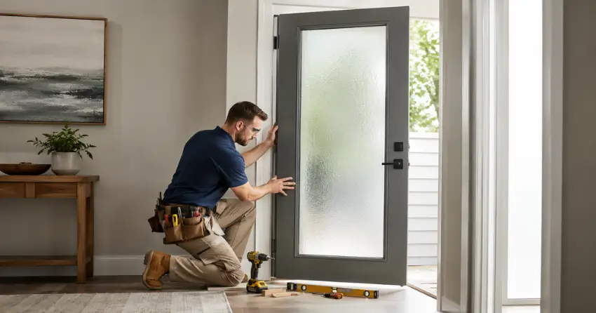 glass panel door installation with frosted privacy glass in residential setting in Willmott, Milton