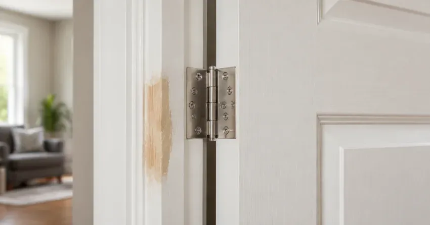 technician checking a warped door against a straightedge in Hawthorne Village, Milton