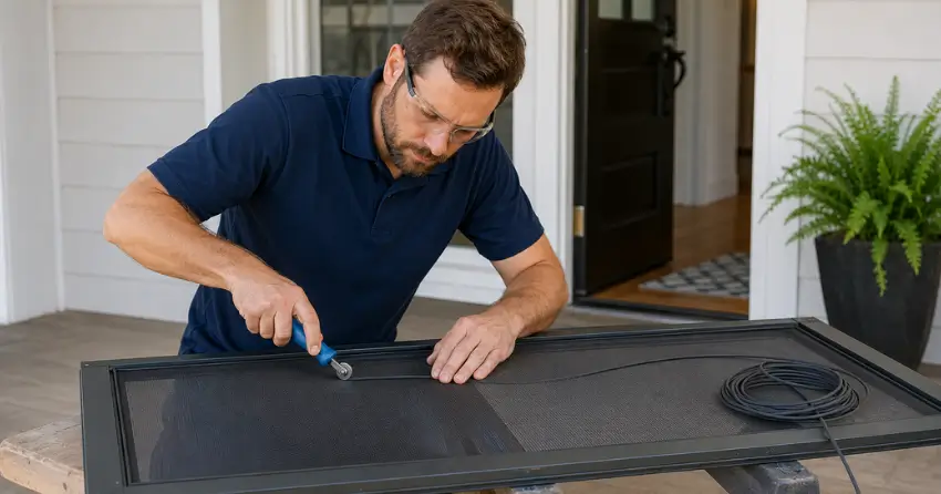 technician replacing screen door mesh and spline in Timberlea, Milton